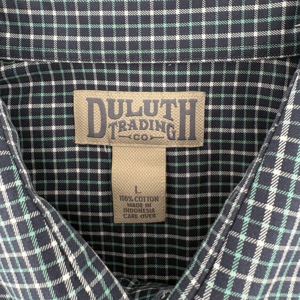 Duluth Trading Co Button Up Dress Shirt Men's L Dark Teal Blue Check Long Sleeve - Picture 4 of 10
